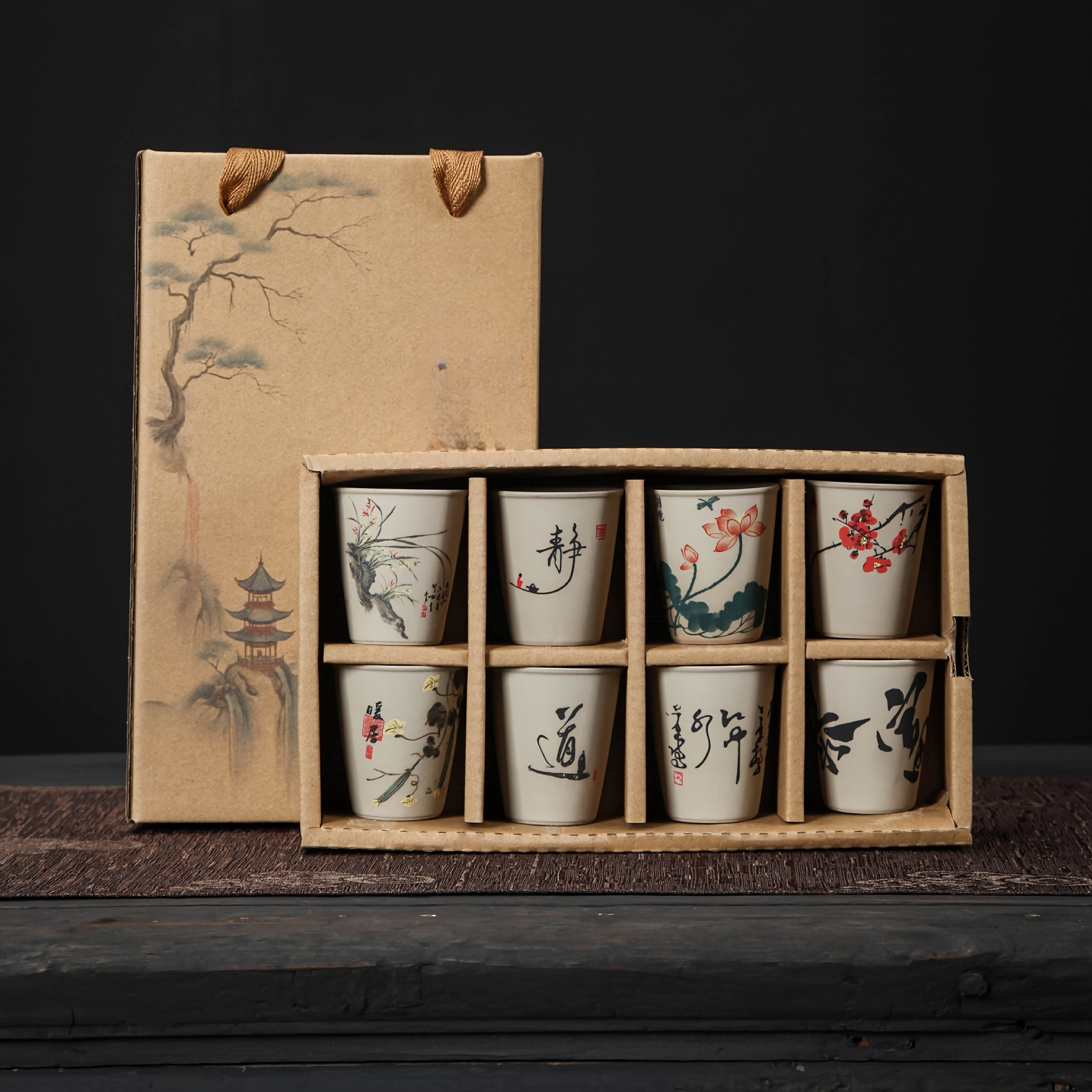 

Ensemble de tasses à thé cérémonial en céramique éléments traditionnels chinois de 8, tasses de dégustation de thé Kung Fu, ensemble cadeau spécial thé-pour-un avec motifs culturels