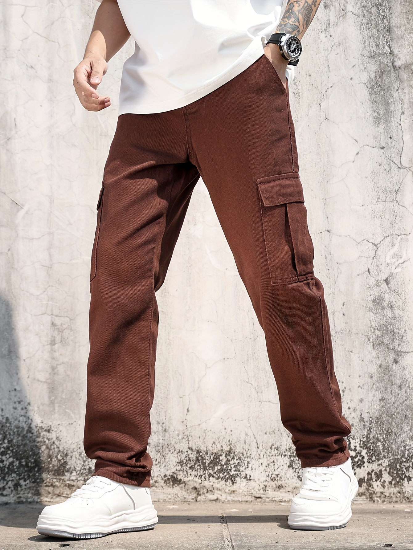 Men'S Straight Leg Jeans - Casual Brown Denim with Pockets, Non-Stretch Fabric, Regular Length for All Seasons