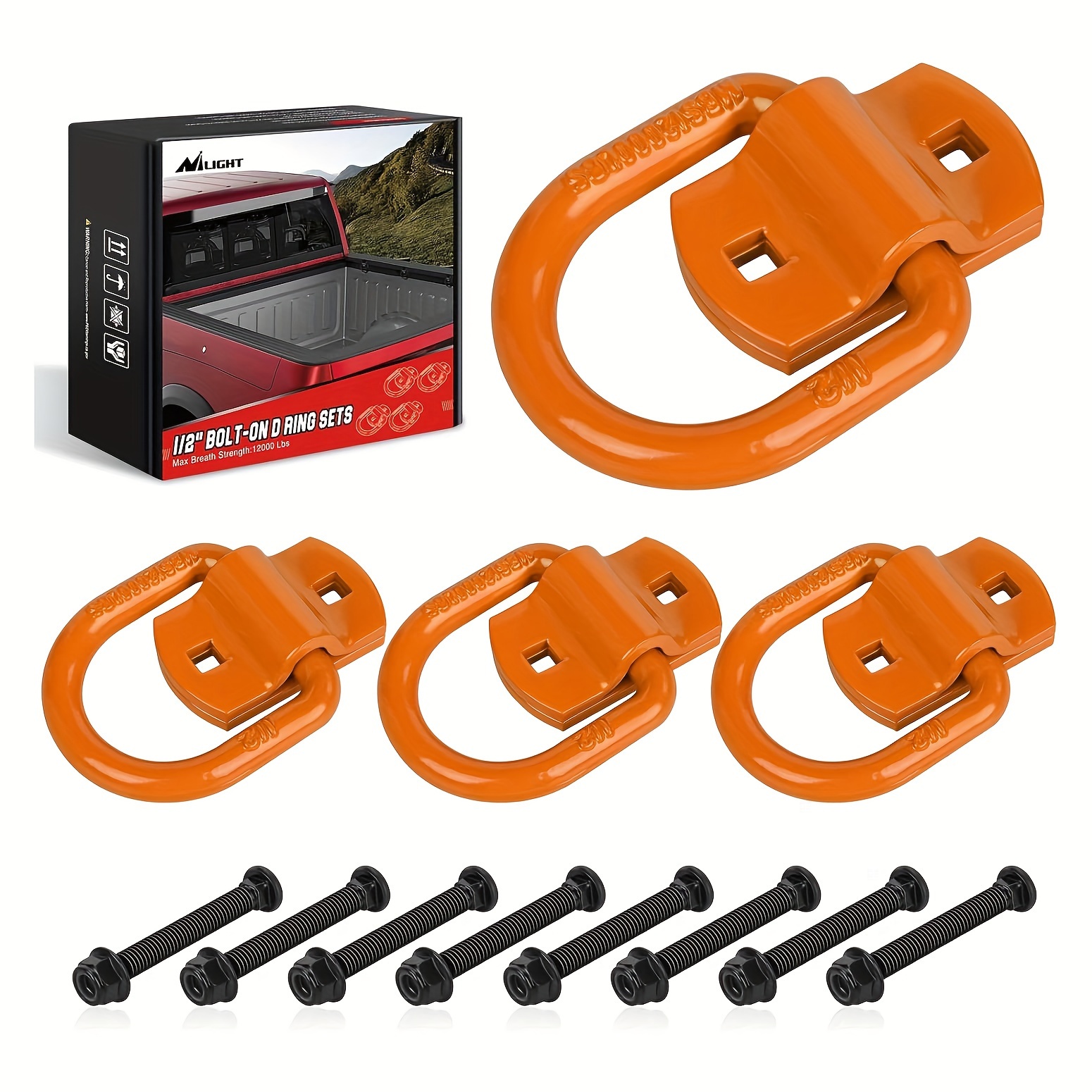 

Nilight 4 Pcs D Ring Tie Down Anchor 1/2" Heavy Duty Tie Down Rings With Screws Bolts On Trailer Truck Bed Cargo 12000 Lbs Break Strength Tie Down Anchors Hook Orange