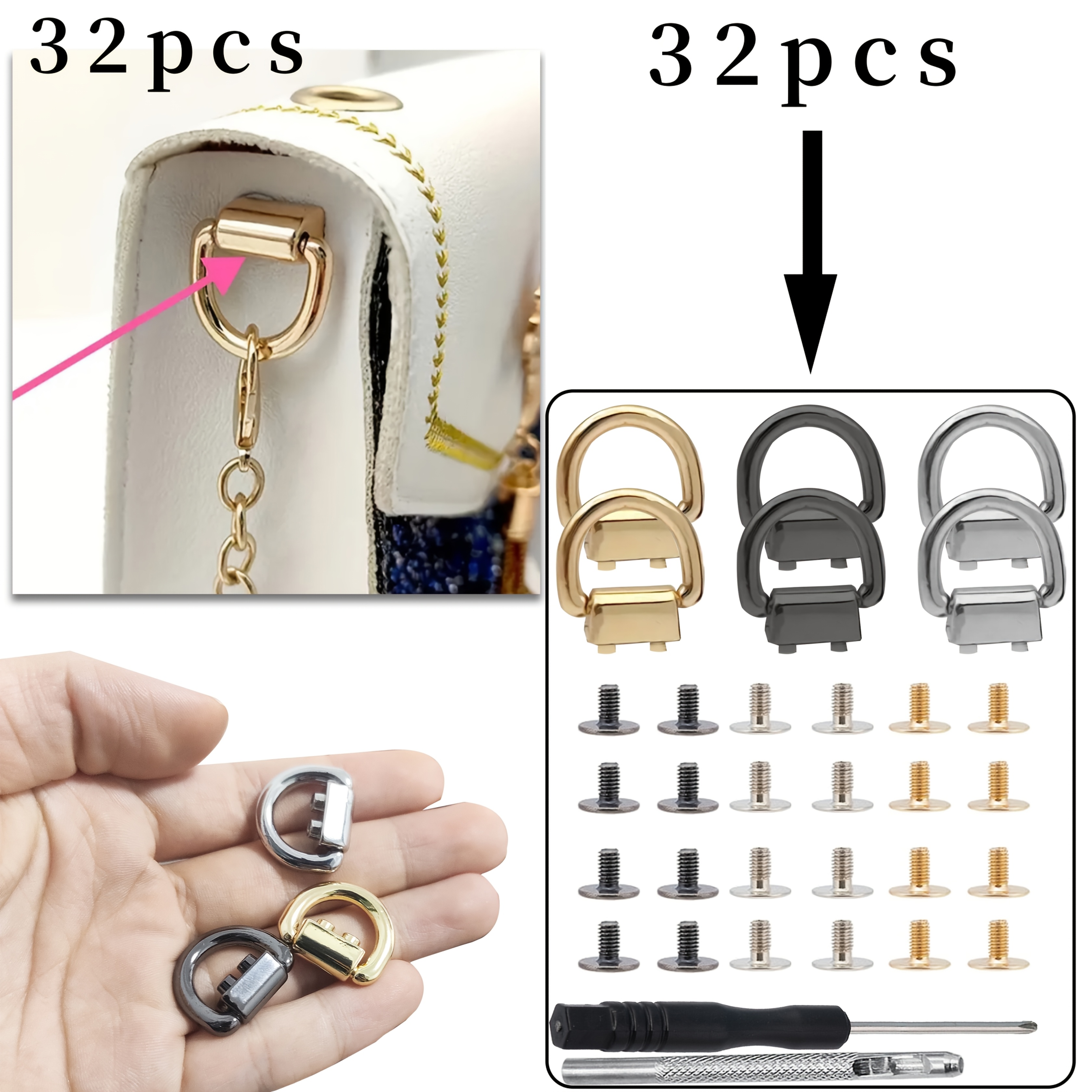 32pcs Alloy D-ring Lobster Clasp Buckles, Adjustable Snap For Handbag And Crossbody Bag Diy, Wallet Chain Hardware Accessories With Tools T Included Screwdriver, Puncher, Diy Wallet Making