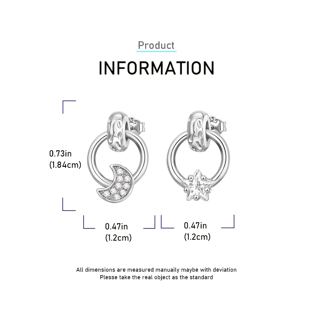 Women's Asymmetrical Star and Moon Stud Earrings, 925 Silver