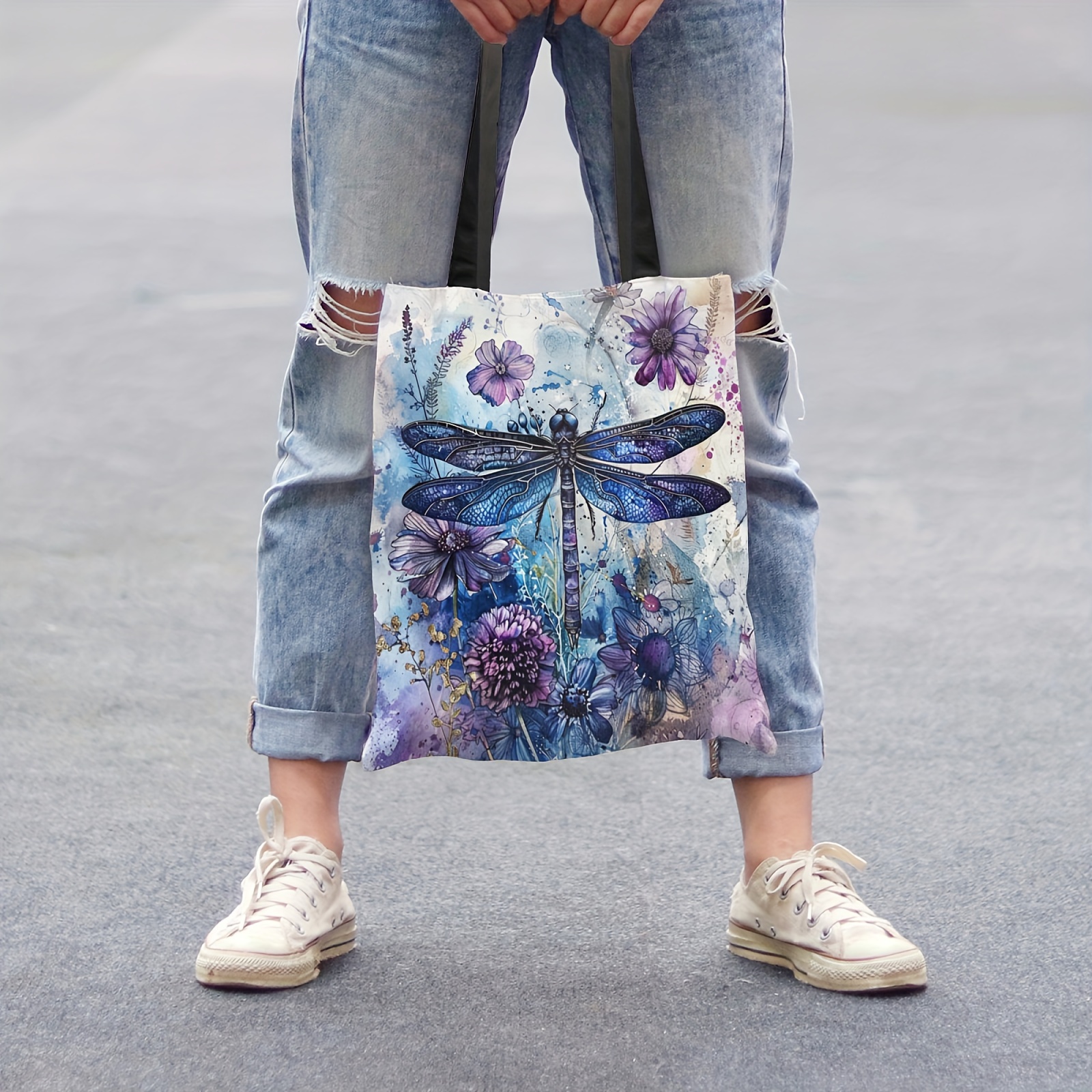 

Chic Dragonfly & Floral Print Tote Bag - Spacious 13.7x15.7" Shoulder Bag For Shopping, Travel & Use - Polyester, No-closure Design