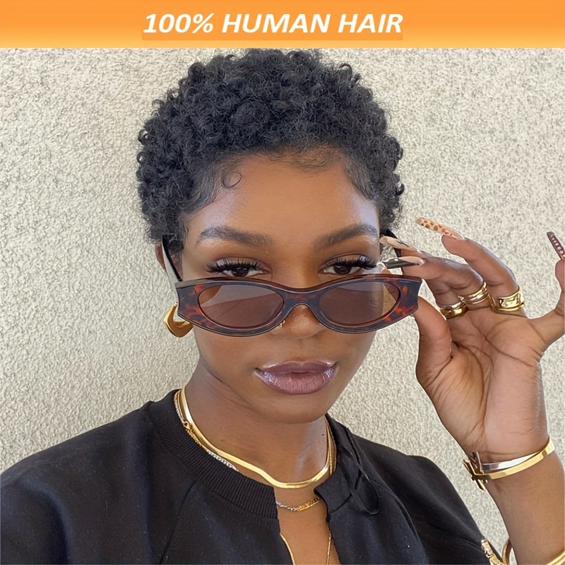 

4'' Human Hair Cut Wig, Glueless Machine Made, Short Curly Black Natural , Rose Cap, 180% Density, , Unisex, All , , Lace-free Full Wig For Women