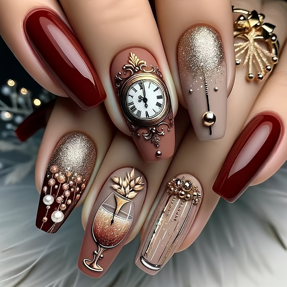 24pcs Pack Wearable Nail Plate Autumn Winter Style Vintage Clock Wine Cup Pattern Glossy End Nail Art Finished Product, Suitable For Women And