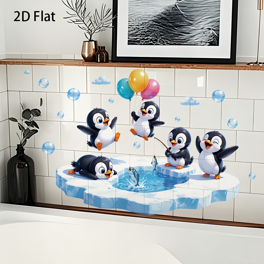 TEMU Autocollant mural 1 pièce 2D plat, adorable jouant à la pêche, thème salle de bain, convient pour la décoration du mur de fond de d'enfant, de à
