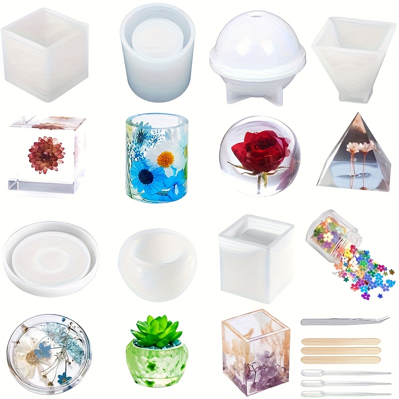 E-shop 15-teiliges Silikonform-Set für Harz, mit Formen wie Kugeln, Würfel, , Quadrate und Runde, ideal für Kunsthandwerk, Projekte und Untersetzer.