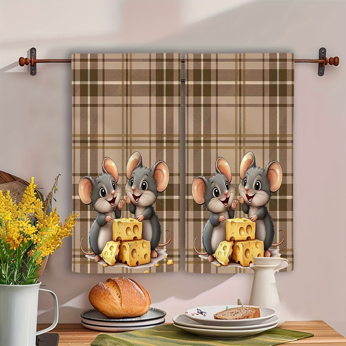 TEMU 2pcs Adorable Kitchen Towels With Cute Cartoon Mice Cheese , Durable Polyester, Perfect For Kitchen, Bathroom, Gym, Spa, And Easter Decor