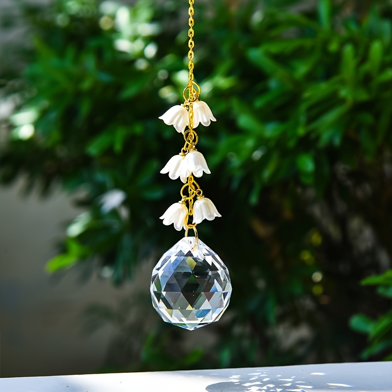 TEMU 1pc Lily Of The Valley Crystal Ball Suncatcher, Crystal Suncatcher Car Hanging Ornament, Flower Beaded Pendant, Room Decor, Handmade Garden