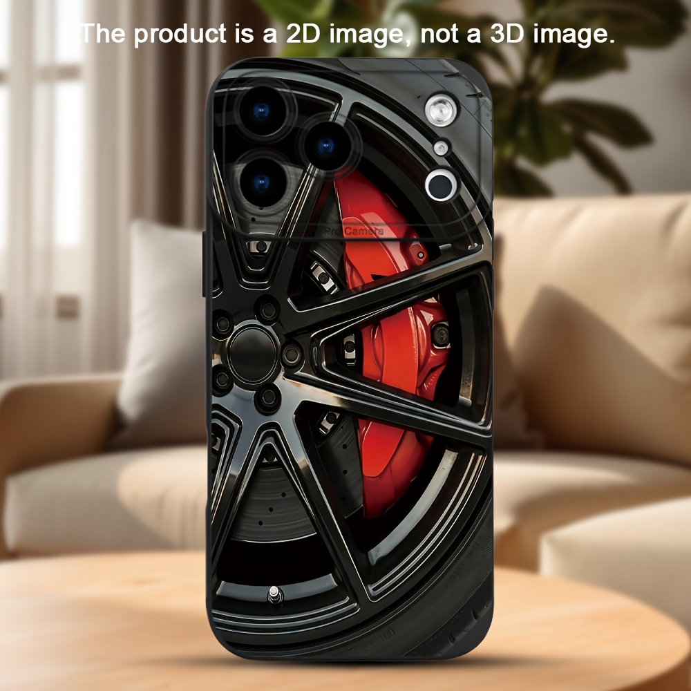 TEMU Phone Case - 2d Printing Stylish Artistic Car Wheel With Red Brake Caliper Case For For Iphone 17 16 16e 15 Pro Air 14 13 Phone Cases Black Soft
