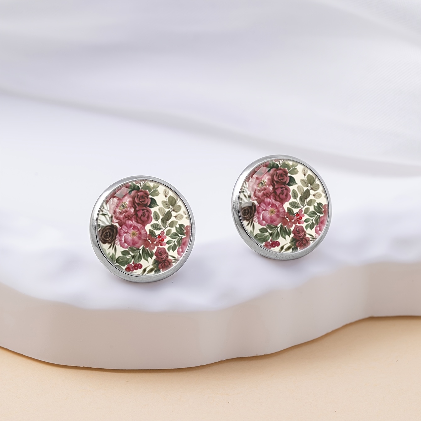 Rose Berry Crushed Floral Pattern Round Stud Earrings, Stainless Steel