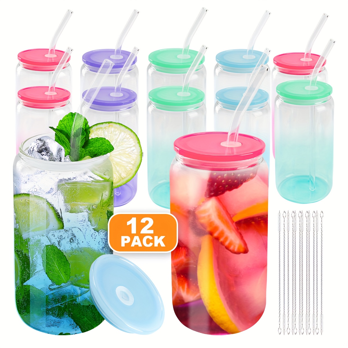 TEMU Set Of 12 Glass Tumblers Featuring Lids And Straws, Each With A Capacity Of 16 Ounces, Perfect For Beverages Like Coffee, Juice, Soda, And Tea.