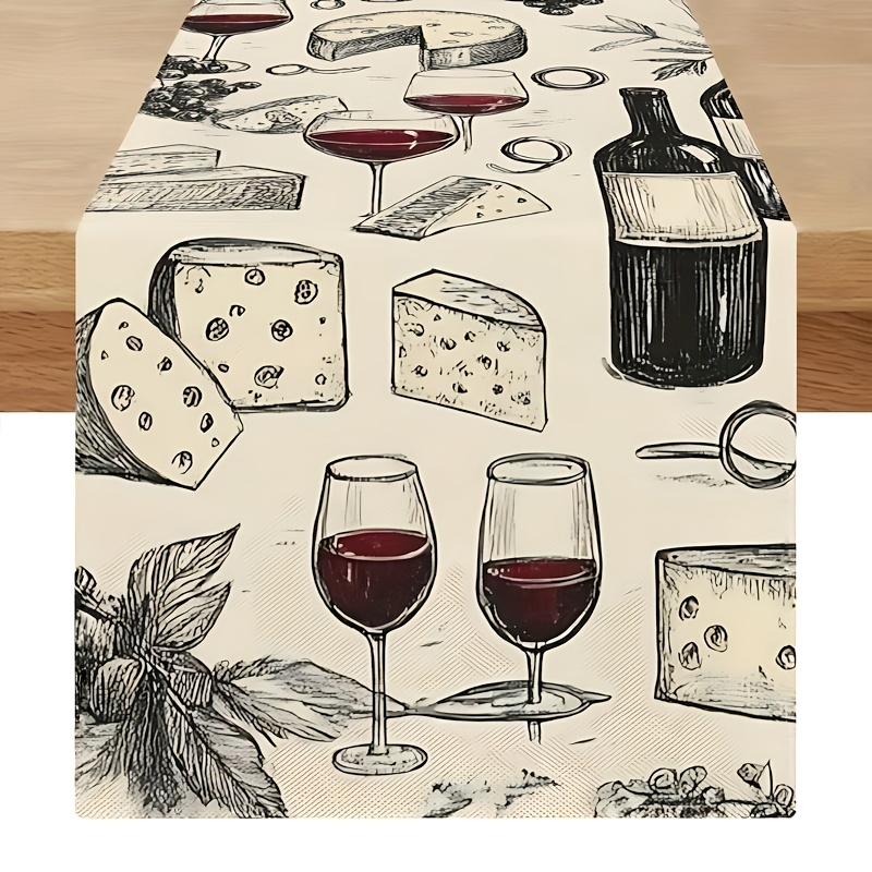 1pc Wine Cheese Grapes Table Runner Decor, Suitable For Indoor Outdoor Home Holiday Party Dining Coffee Table, Perfect Table Setting, Exquisite Pattern, Easy To Clean, Ideal Gift