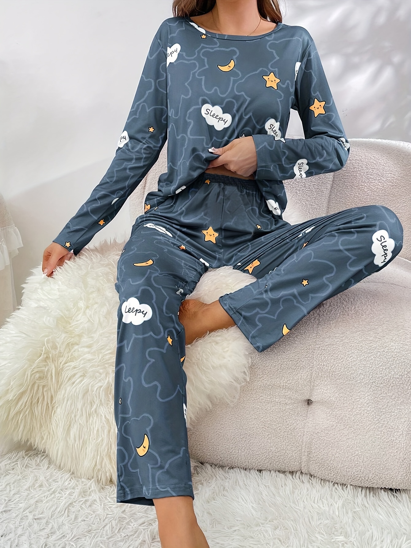 Cloud Moon Star Print Pajama Set Long Sleeve Crew Neck Top - Temu