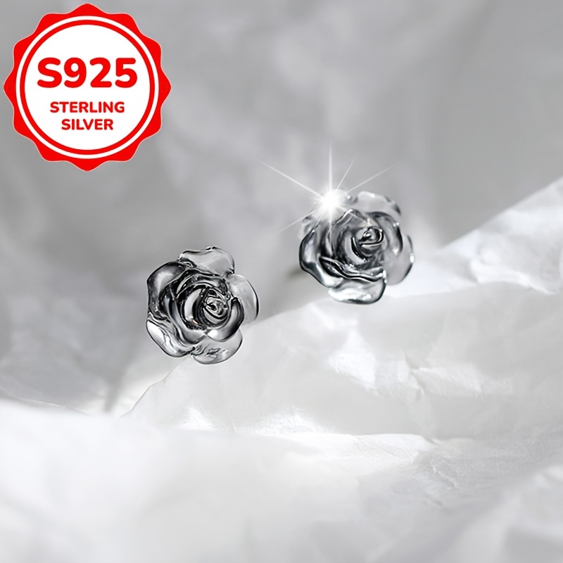 2pcs Women's 925 Sterling Silvery Gradient Rose Flower Stud Earrings