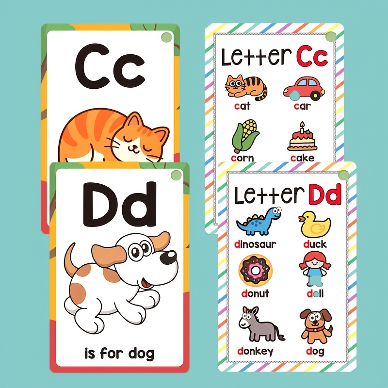 TEMU Set di flashcard per la fonetica dell'alfabeto prescolare, carte didattiche colorate con immagini per bambini piccoli, flashcard divertenti per