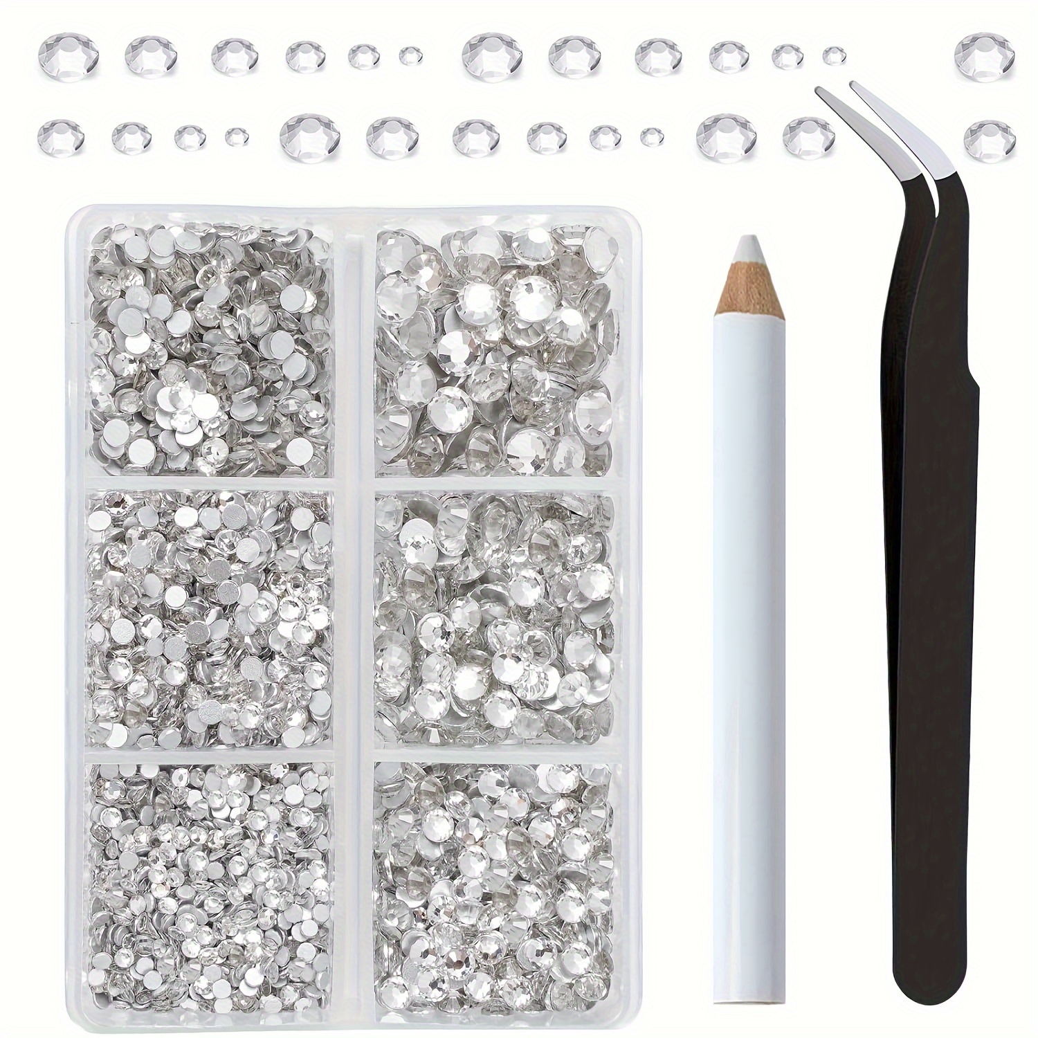 

2000pcs Flatback Set - Clear Glass Crystal Gems For Nail Art & Crafts, Assorted Sizes With And Tweezers Kit