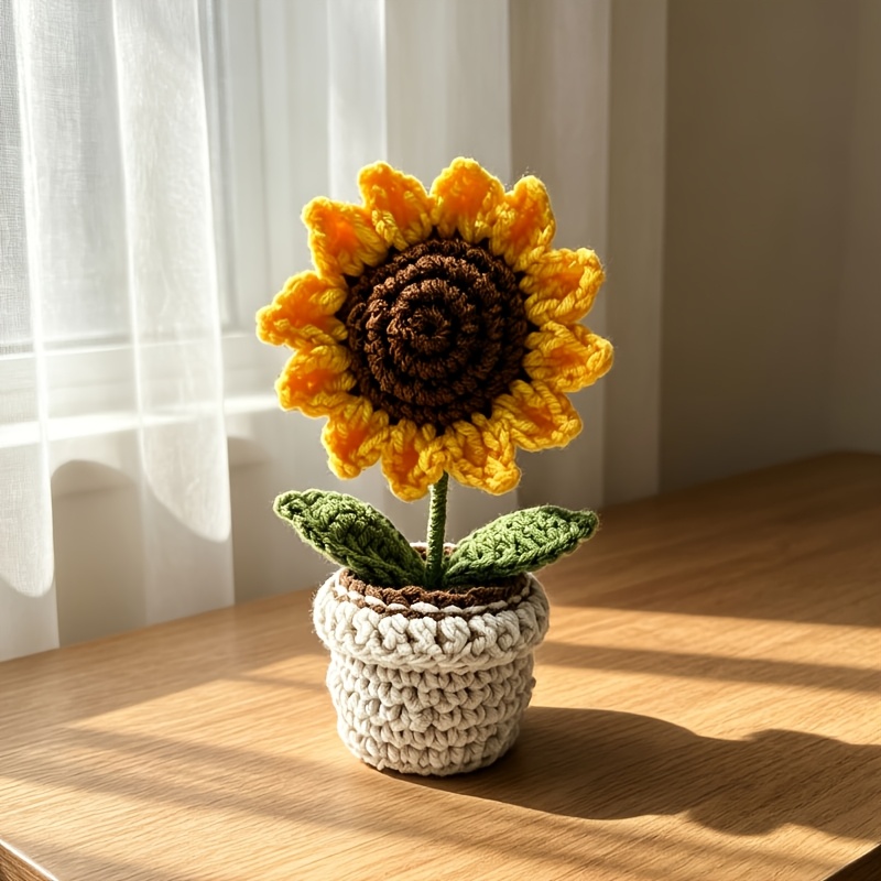 TEMU 1pc Hand-crocheted Sunflower Mini Potted Plant, Adjustable Flower Head Angle, Mini Yarn-made Sunflower, Cute Handmade Knitted Flower Desktop