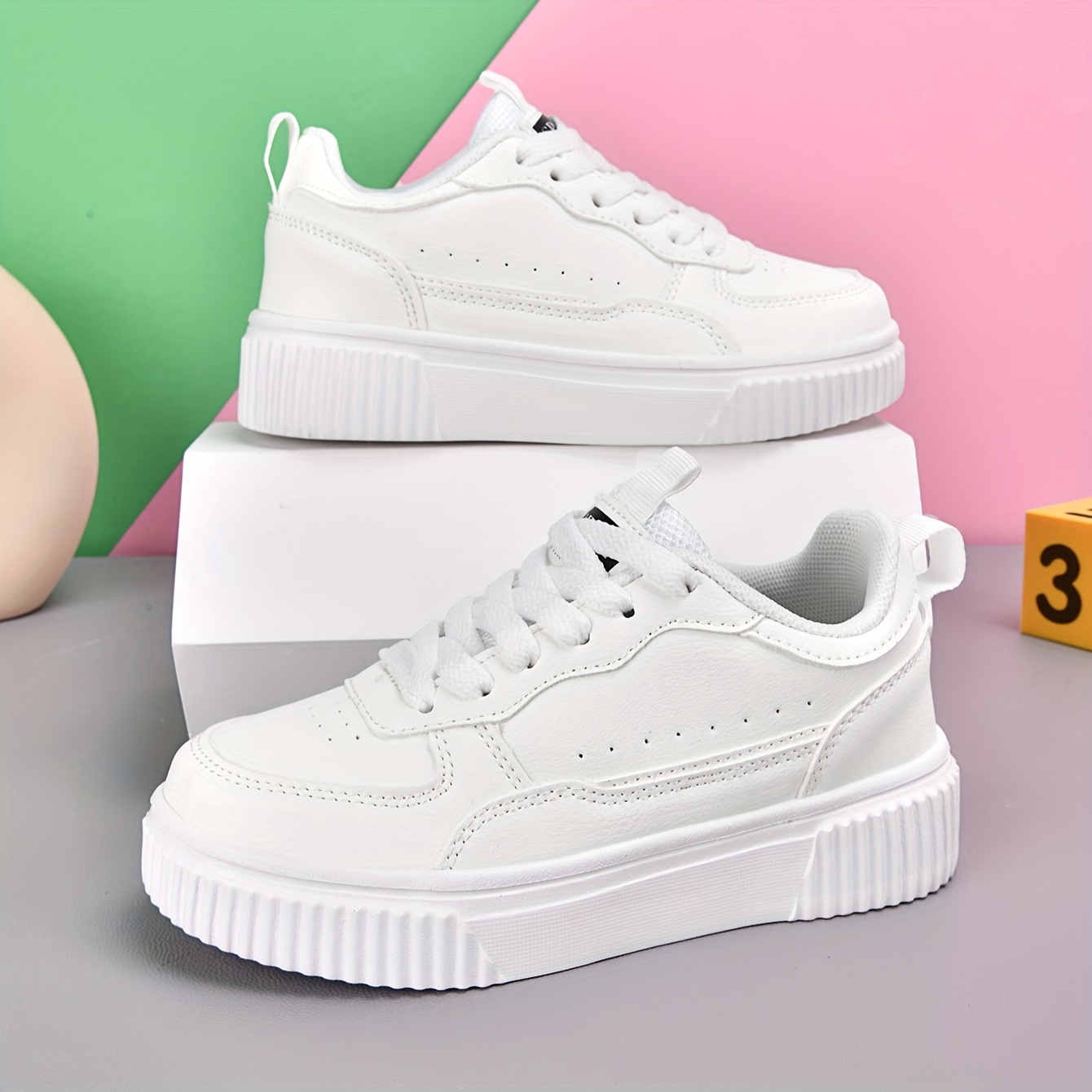 low top walking tennis sneakers breathable pu upper cushioned eva sole lace up casual shoes for boys girls white tennis shoes Product details 3