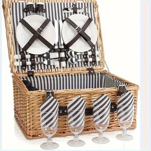 a picnic basket designed for four people complete with a cutlery set for four ideal for outdoor events picnics and celebrations it picnic additions and party tableware non food direct contact