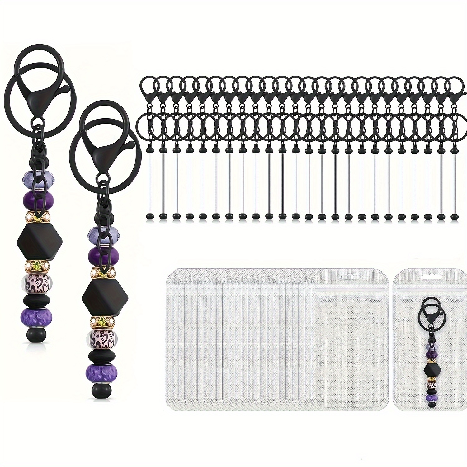 

48pcs Black Metal Beaded Keychain Making Kit With Lobster Clasps, 4-section Chains, Jump Rings & Blank Rods - Diy Jewelry Crafting Set Pendants For Jewelry Making Jewelry Making Kit
