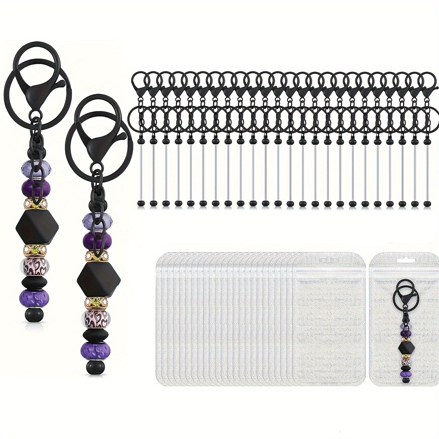 

Kit de Fabrication de Porte-clés en Perles Métalliques Noires de 48 pièces avec Fermoirs , Chaînes à 4 Sections, Anneaux de Saut & Tiges Vierges - Ensemble de Bricolage pour Cadeaux de Bijoux