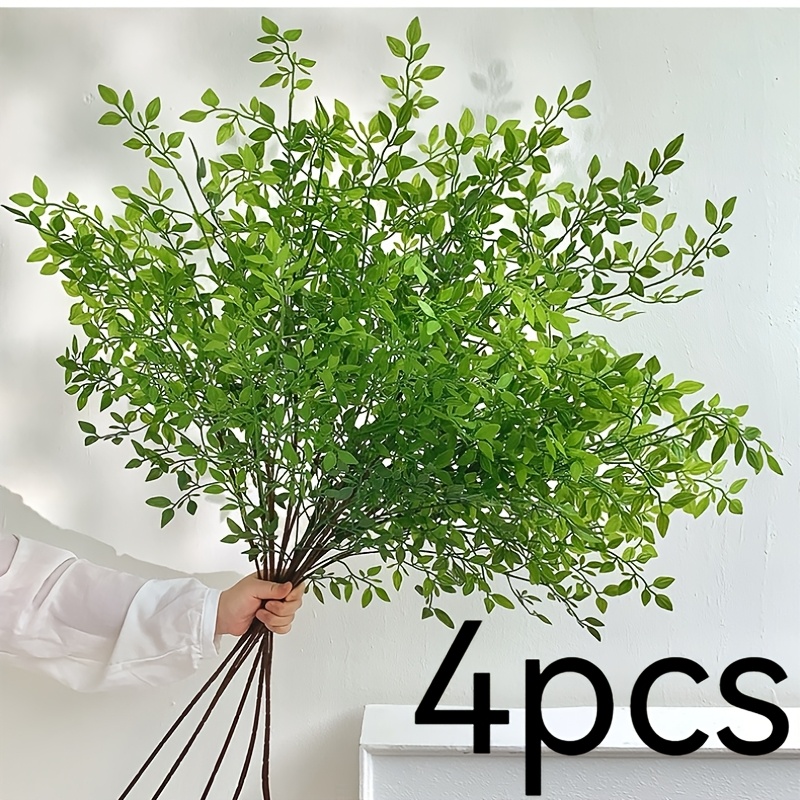 TEMU Asapana 4pcs, Realistic Green Simulation Plants, Long Branch Artificial Plants, Plastic Material, Perfect For Room Desktop Table Centerpiece,