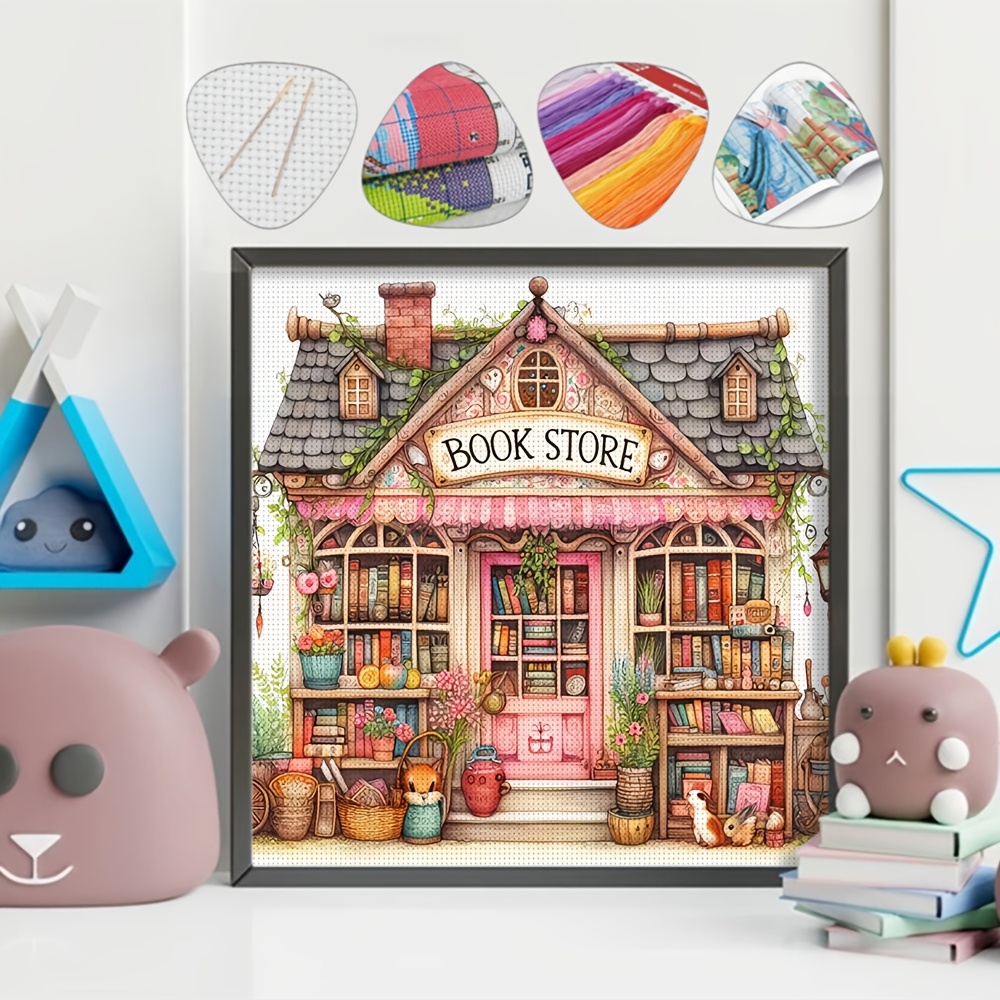 TEMU 1 Set Fun Bookstore Complete Cross- Kit Suitable For Adult Beginners - 14.17x14.17 Inch Diy Embroidery With Pre-printed Fabric, | Frameless