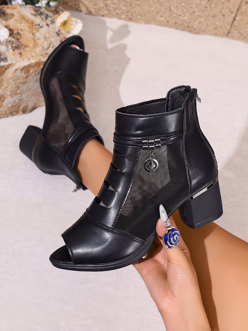 ladies fashionable mesh ankle boots chunky heeled toe shoes stylish solid color short boots for outdoor wear details 3