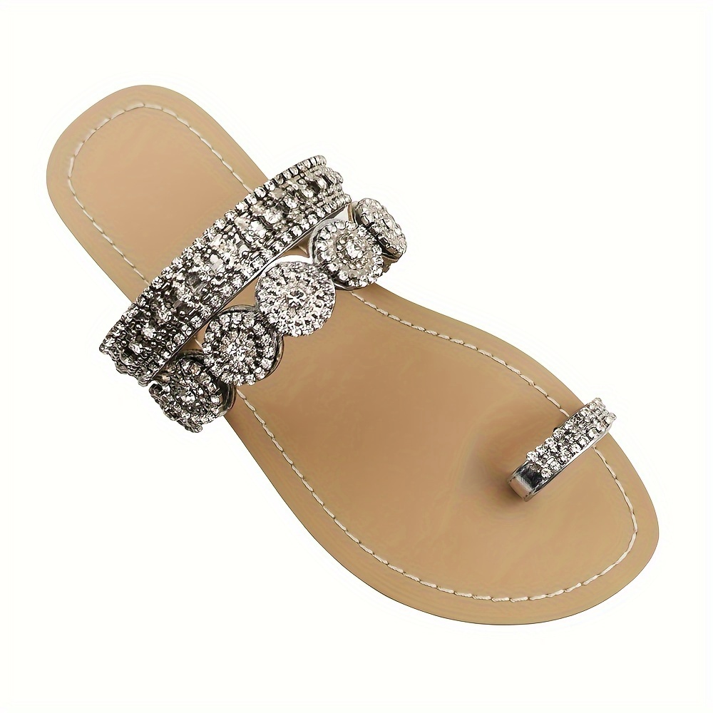 flat slide sandals women rhinestone toe loop design stylish details 1