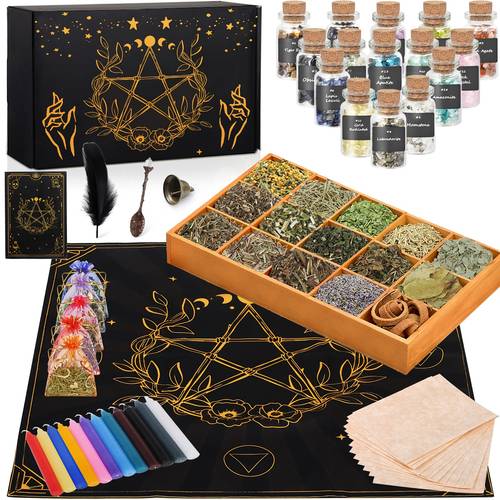 64pcs magical kit 1 notebook 1 altar tarob 15pcs of crystals 15pcs of herbs and flowers 12pcs colorful candles 1 crystal spoon 1 1 bell for beginners pagan soap perfums bath ball scented fragrance home decoration