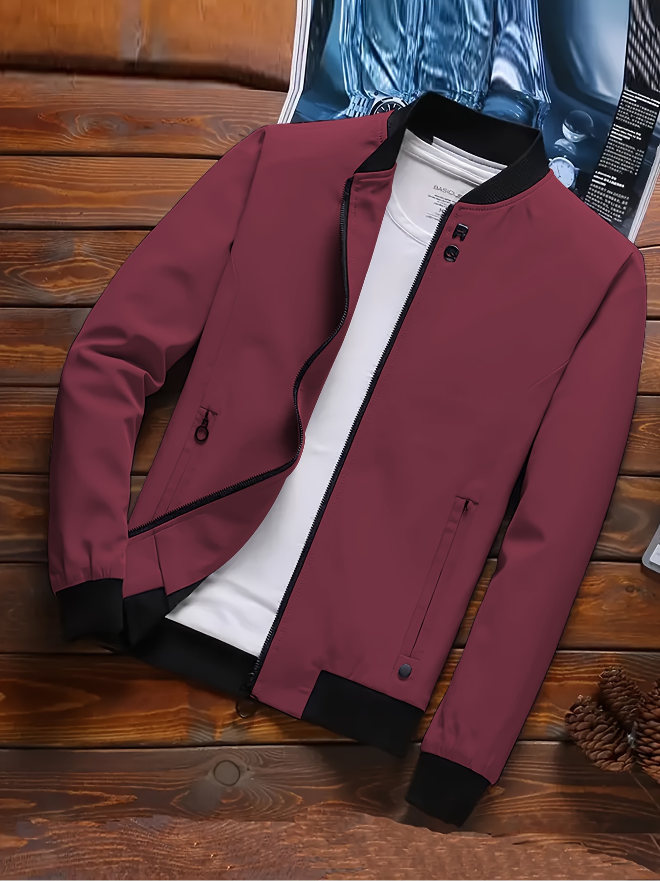 men's casual autumn spring jacket red cuffs Temu Vietnam - Main Image