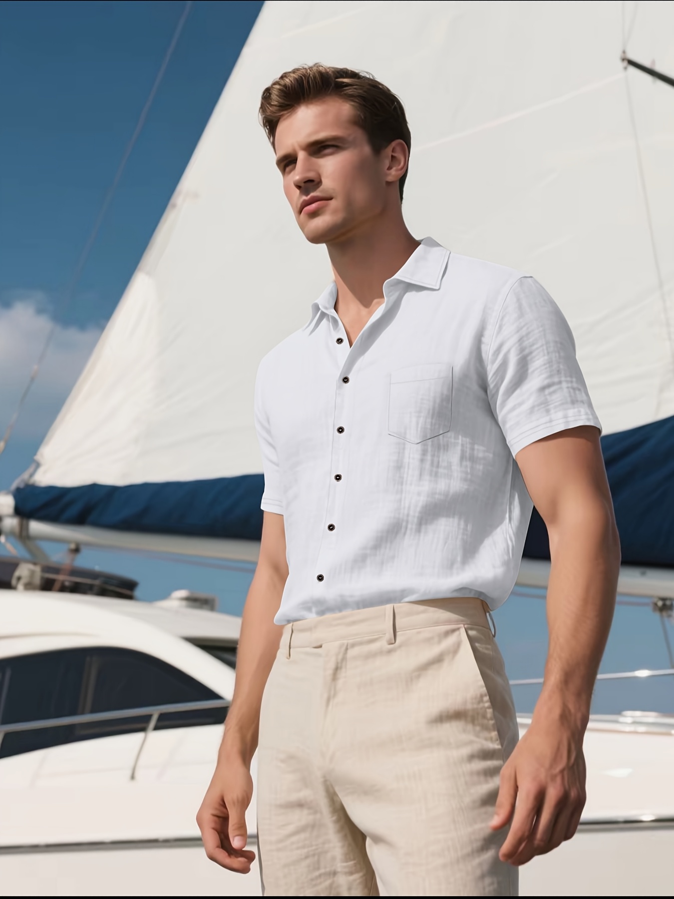 Men'S Spring Summer New Linen Shirt, Comfortable Breathable Fabric, Business Casual Short Sleeve Shirt, New Pocket Style Henley Collar Shirt, Casual Outing Easy Matching Men'S Essential Button-Up Shirt, Henley Shirt, Suitable As Men'S Gift
