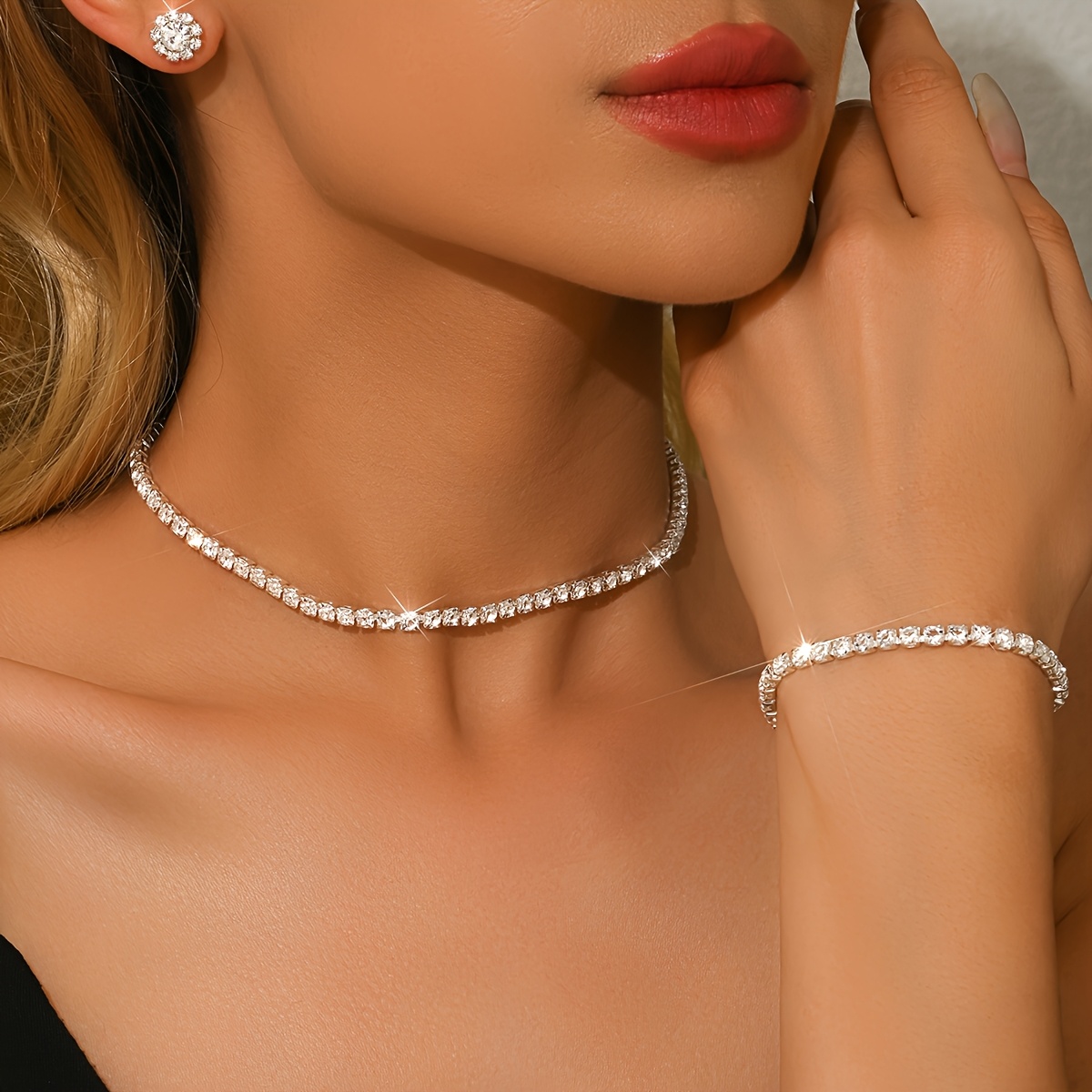 TEMU Minimalist Women's Necklace Earrings Bracelet 3pcs Set Bride Bridesmaid Suit Evening Party Dress Premium Additions