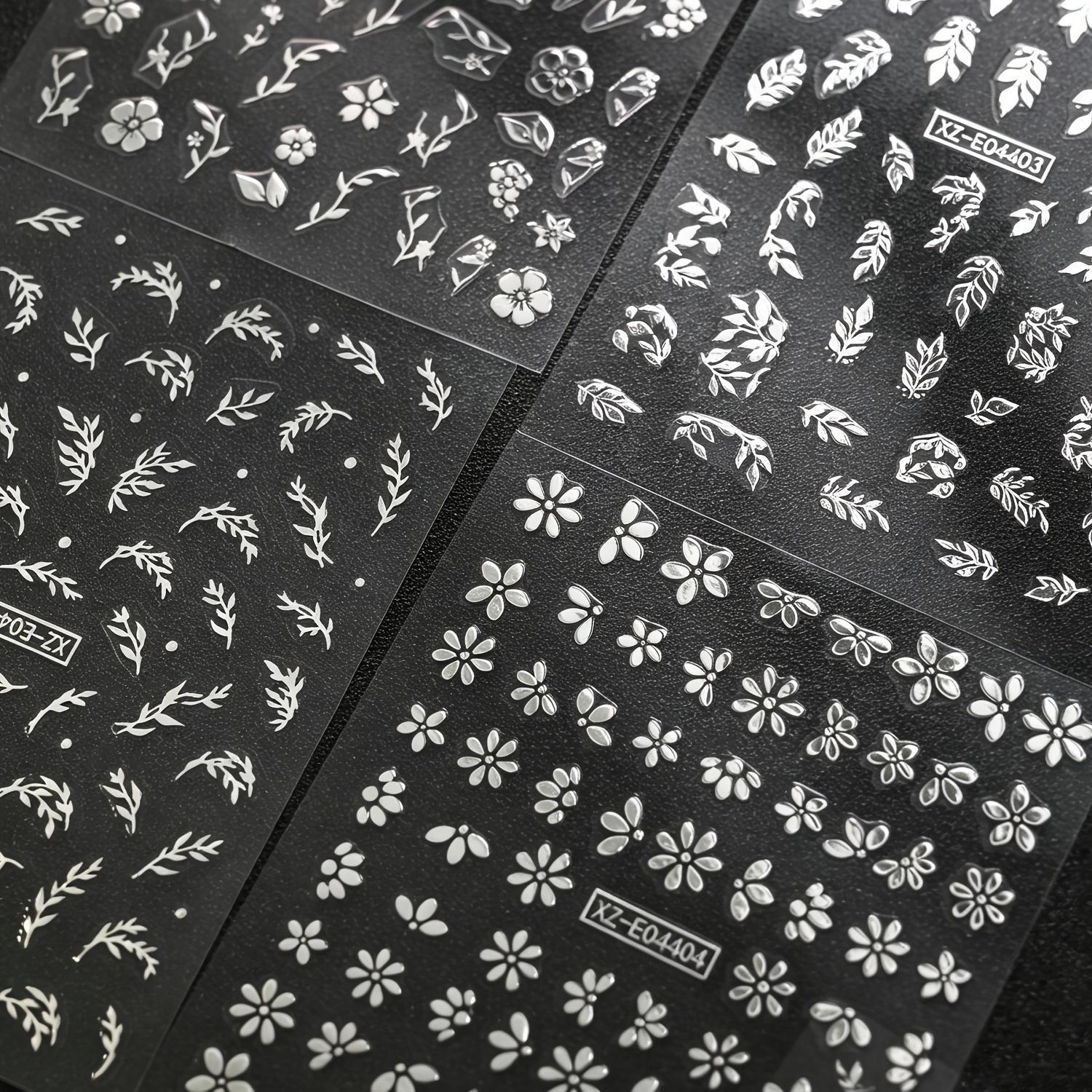6 Sheets Silvery 3D Embossed Nail Stickers with Floral Designs