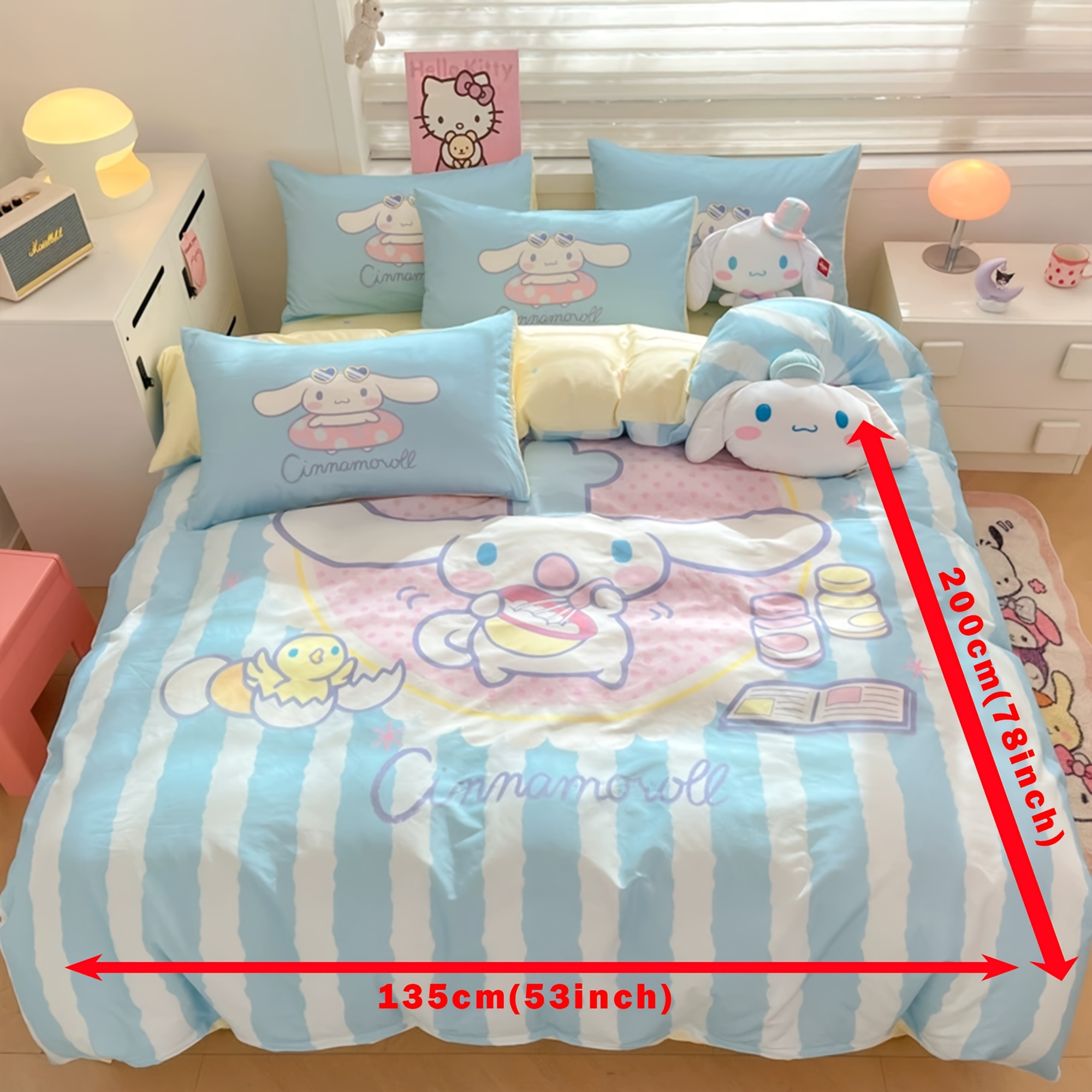 Hello Kitty My Melody Cinnamoroll Kuromi 3pcs Bedding 1 Quilt Cover And 2 Pillowcases With Cartoon Print, Suitable For