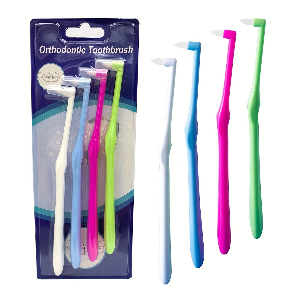 Image of A Toothbrush Designed For Cleaning Orthodontic Braces, Featuring A Single Tufted Small Pointed Head For Cleaning Between Teeth And In The Of Wisdom Teeth.