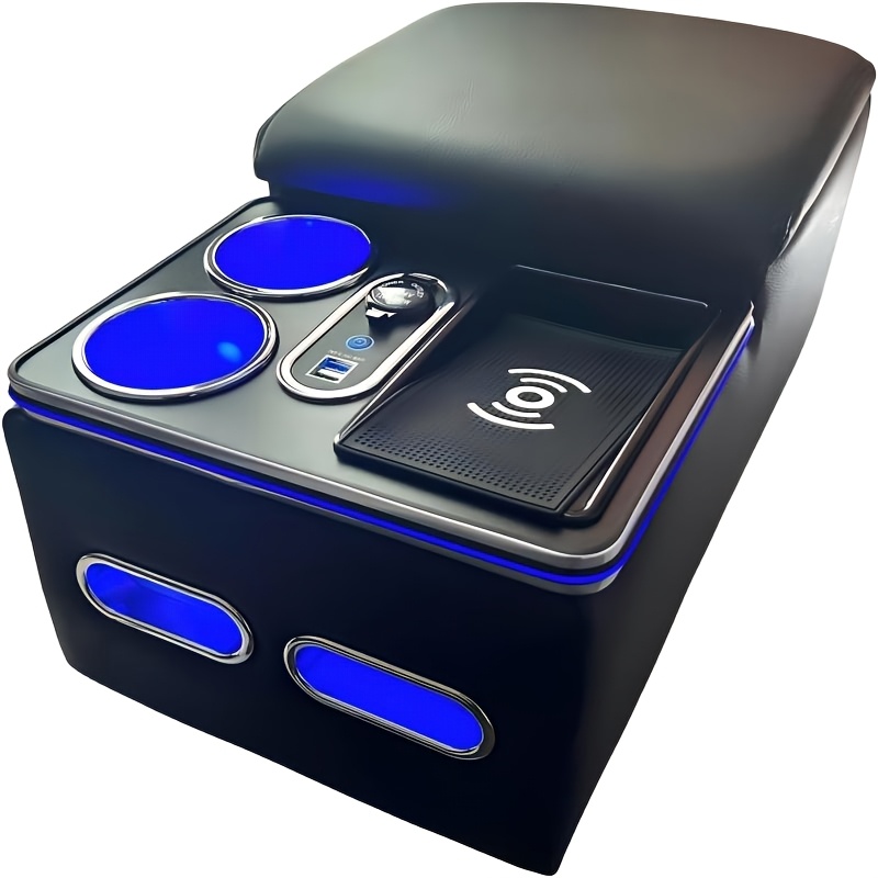 Car Center Console Armrest Organizer with Wireless Charging Phone Holder And Cup Holders for Car, Minivan, Van Truck Floor Storage Box - Black