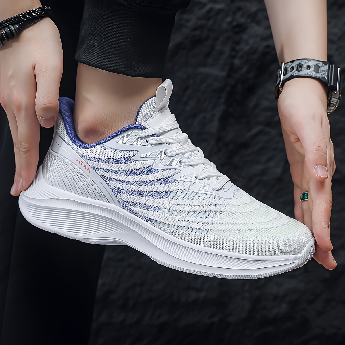 Men'S Plus Size Fashion Sneakers - Breathable Knit, All-Season Outdoor White, Low-Top Lace-Up, EVA Sole, Fabric Upper, Casual Sporty Design for Running, Hiking & Daily Wear, Plus Size Sneakers