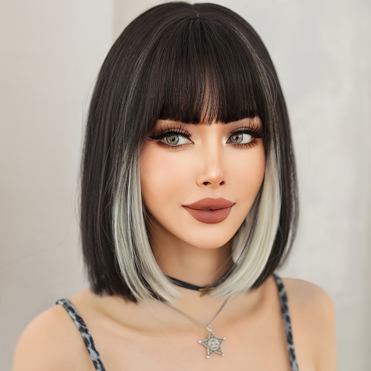 costume bob wig short straight white highlight black wigs  display picture 2