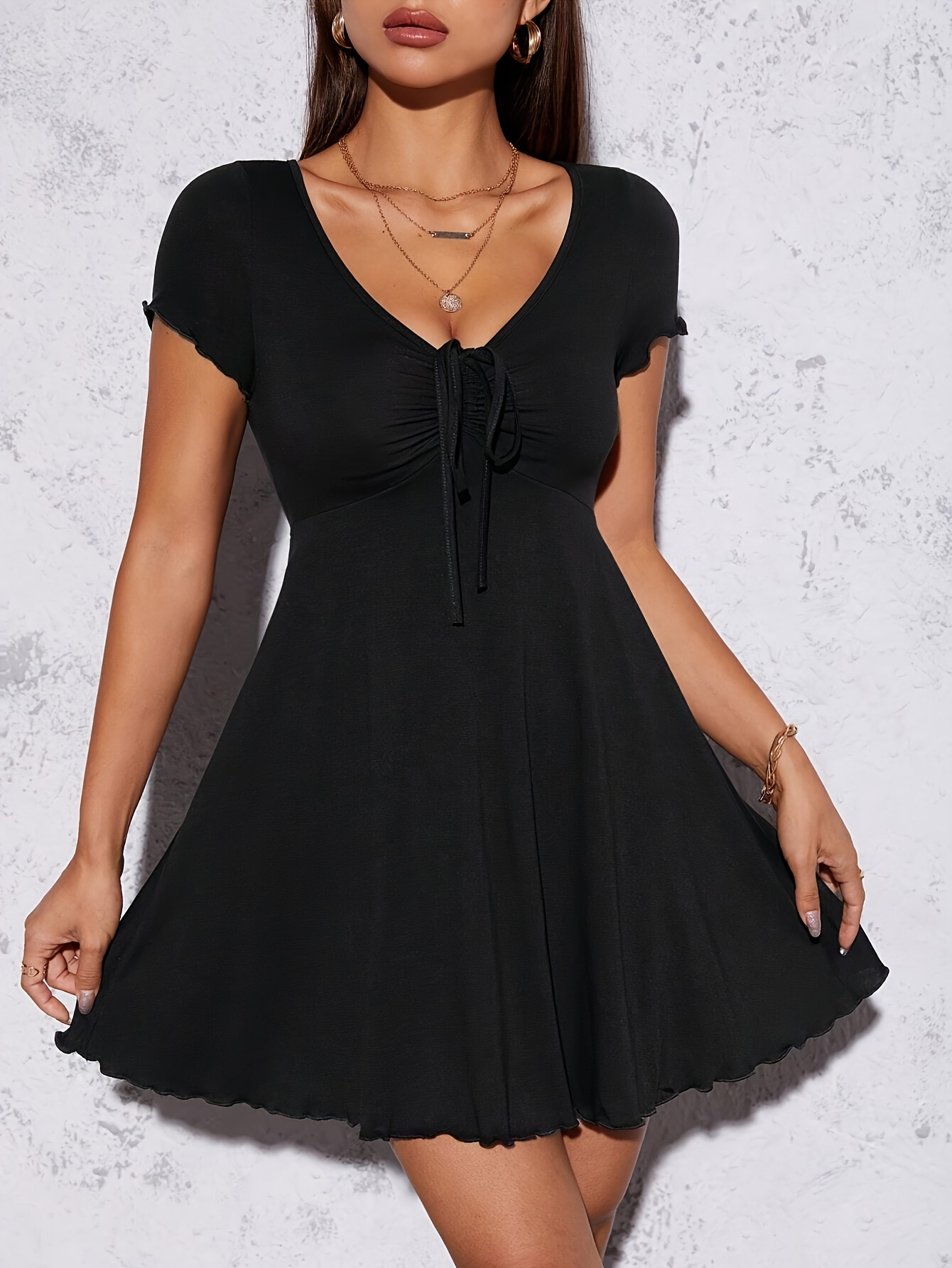 Women's Elegant V-Neck Ruched Front Bow Detail Short Sleeve Dress Fitted  Top Flowy Hem, Breathable *-Stretch Fabric, Machine Washable Solid Blac