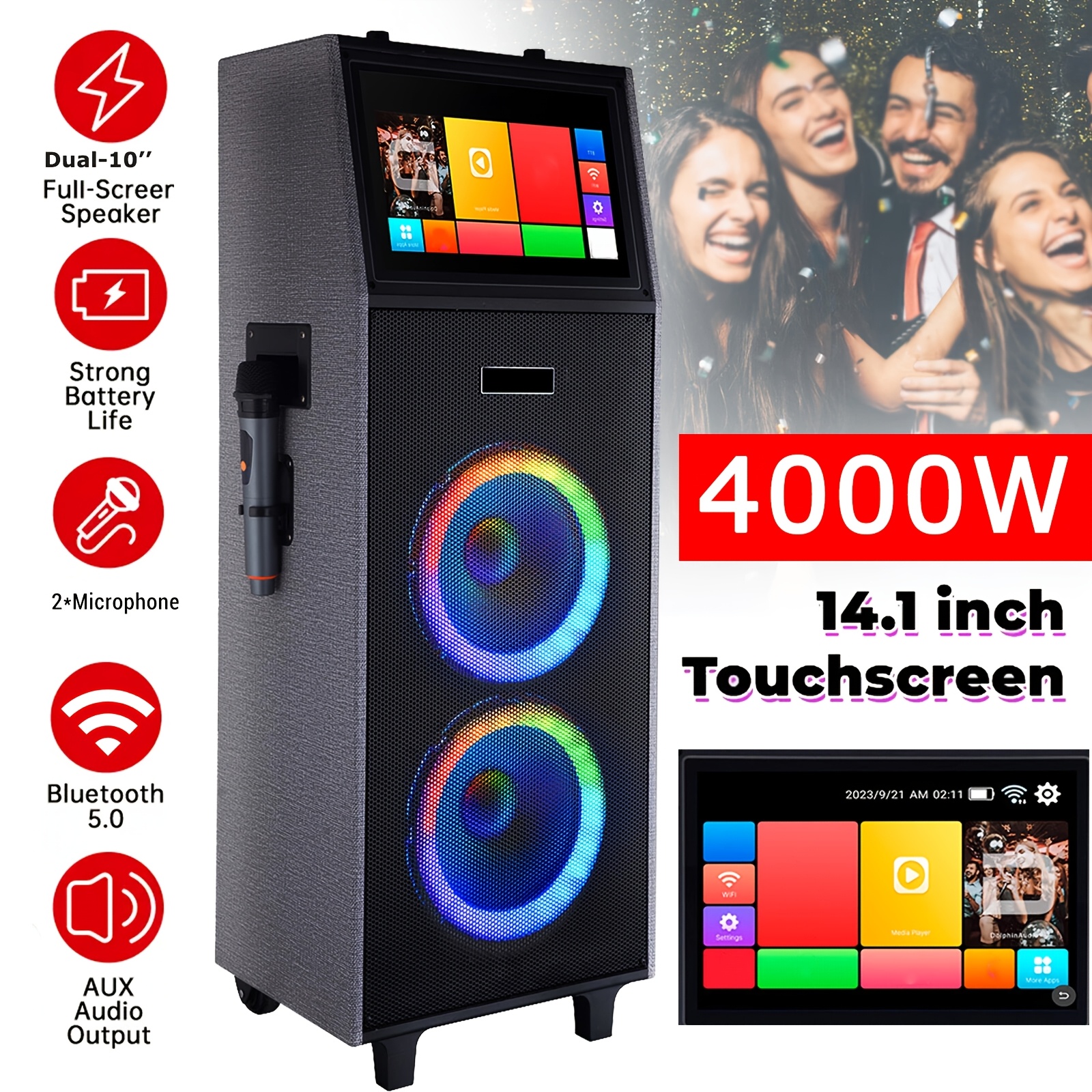 4000  karaoke machine powerful big bluetooth speaker for adults 14 touchscreen dual 10 speakers subwoofer w 2 microphones bluetooth usb tf fm aux dj lights portable   for any occasion