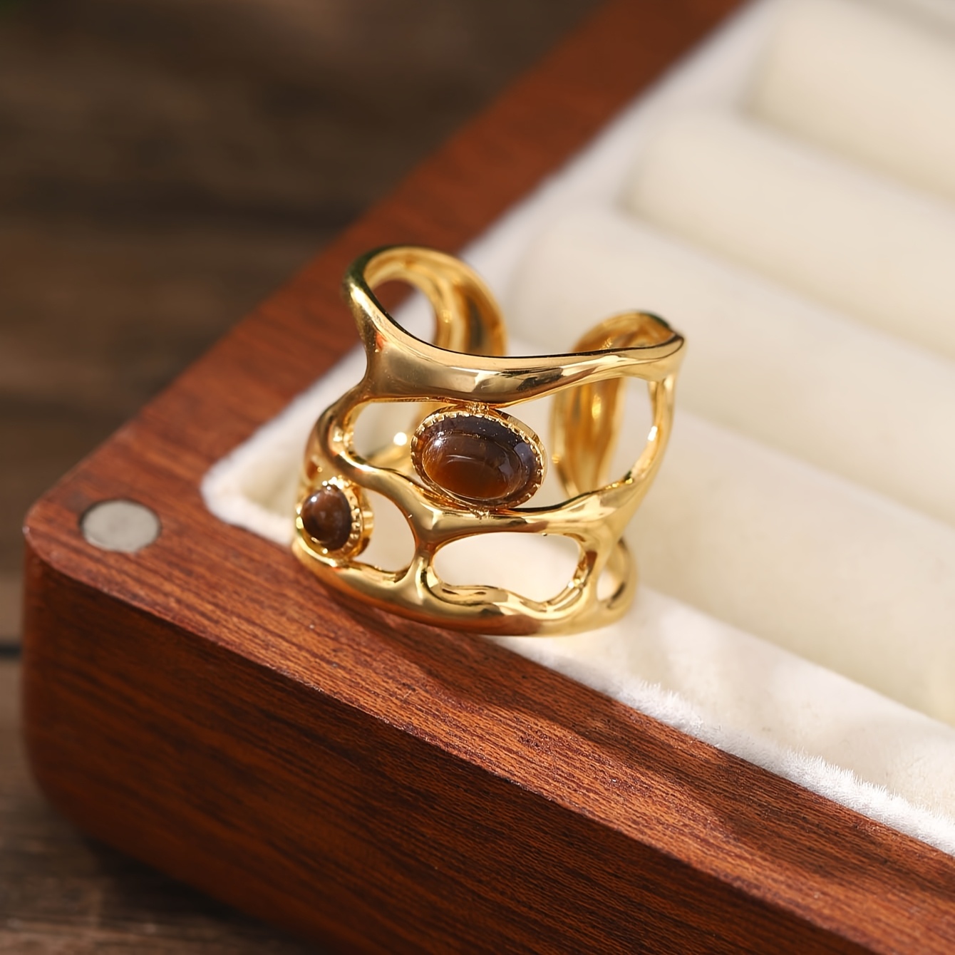 Vintage Stainless Steel Ring with Brown Stone Inlay