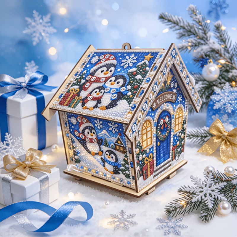 TEMU 3d Diy Wooden Diamond Painting Kit, Hand-assembled Small House Craft Set, House Ornament, Tabletop & Hanging Home Decor, Christmas Handicraft