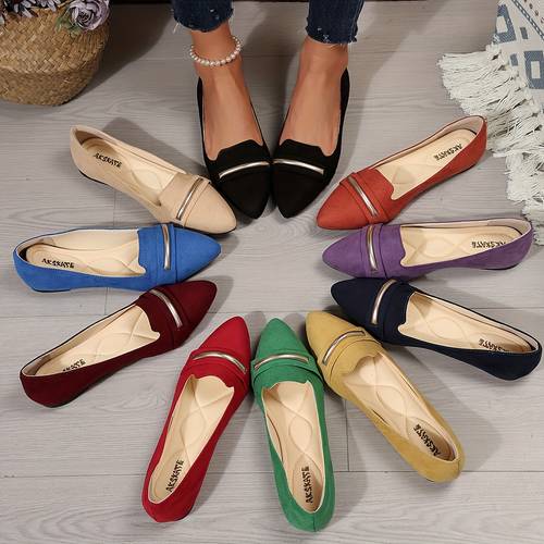 a pair of womens pointed toe flat shoes decorated with golden pu fashionable elegant comfortable and versatile with multiple colors