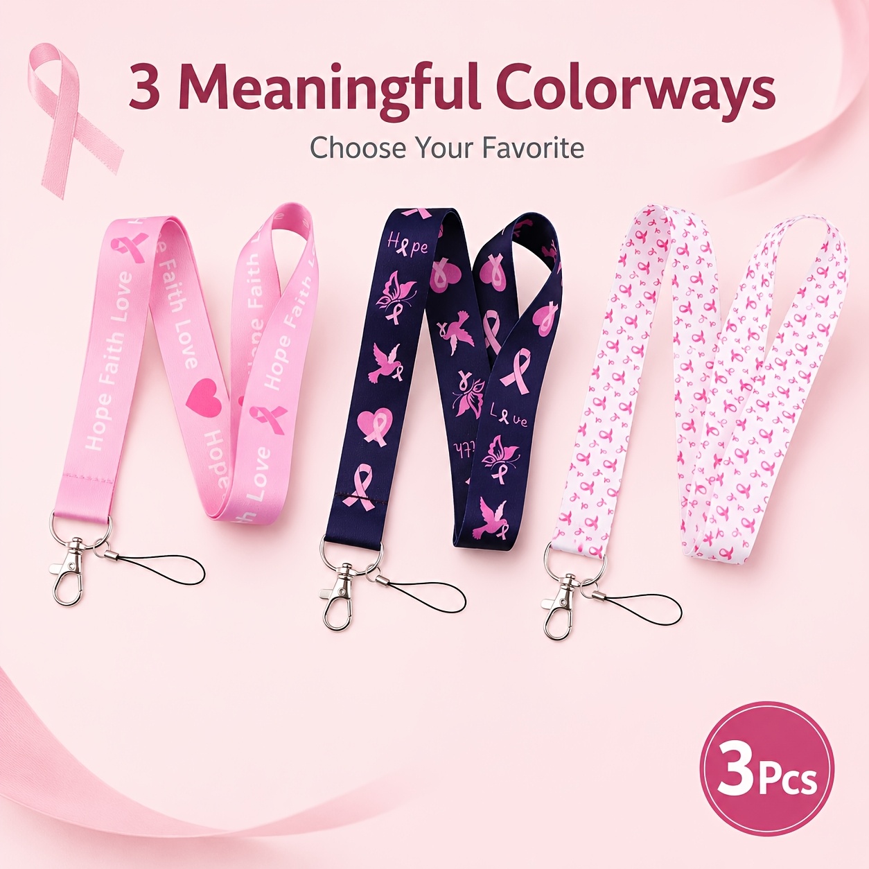 TEMU 3pcs Set Of Breast Cancer Awareness Theme Lanyards, Lanyard For Id Badge, Key, Phone, Love Exquisite Print Neck Rope, Anti-theft And Anti-loss,
