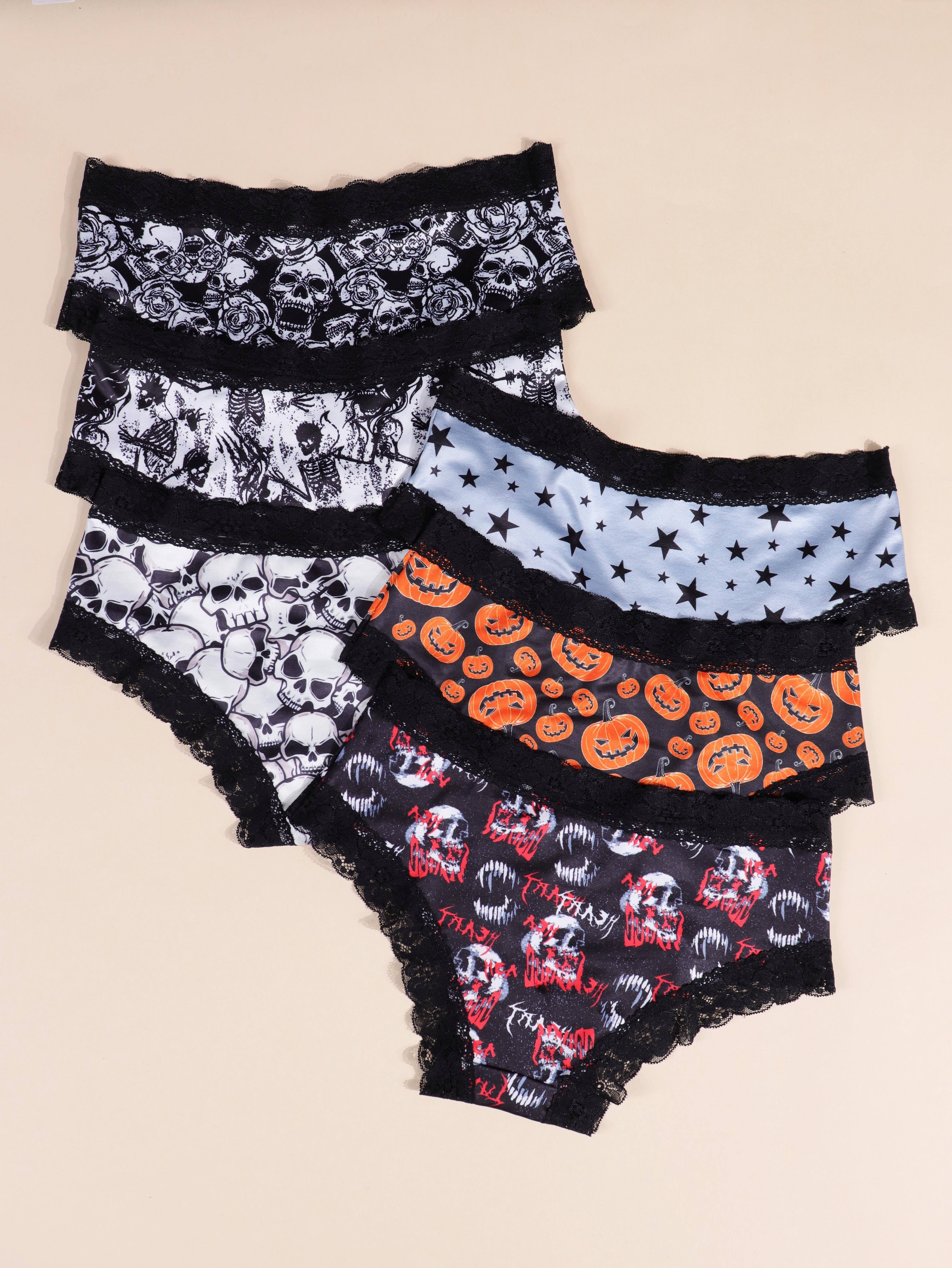 6pcs Gothic Sexy Panties Set, Skull & Stars Print Contrast Lace Trim  Briefs, Women's Lingerie & Underwear