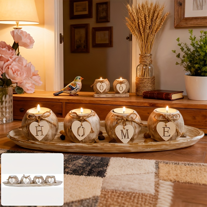E-shop Ein Set aus 4 braunen, herzförmigen Kerzenhaltern aus Holz, ein romantischer Wunschständer, ein dekoratives Tischzentrum für Valentinstag,