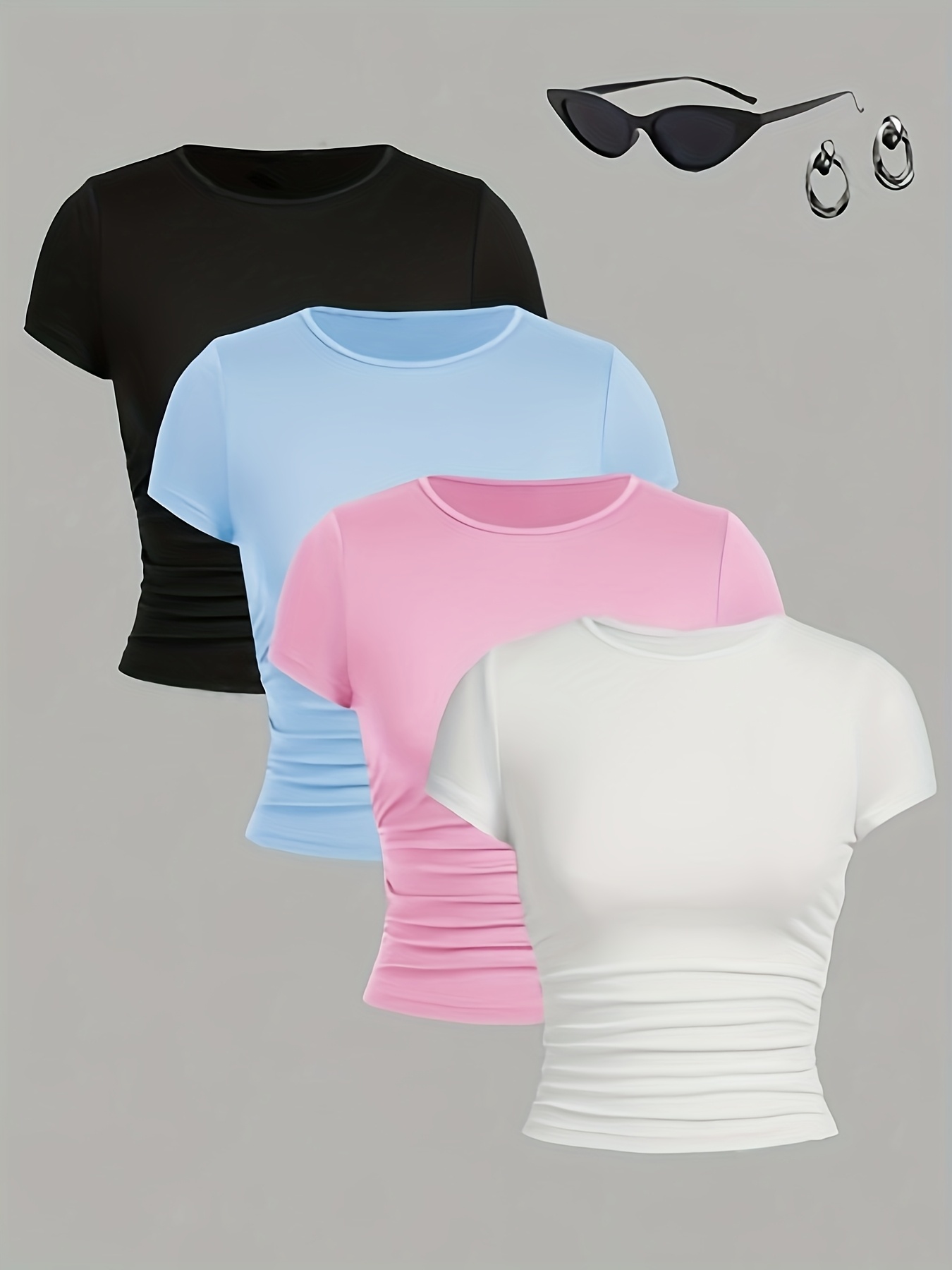 Girls' 4pcs Fashionable Versatile Round Neck Short Sleeve T-Shirts