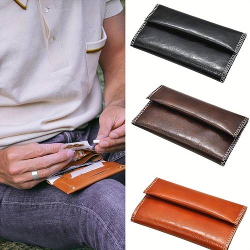 Handcrafted Leather Tobacco Pouch Portable Leather Pouch Zipper Buckle Tobacco Herb Pouch Case Bag Cover