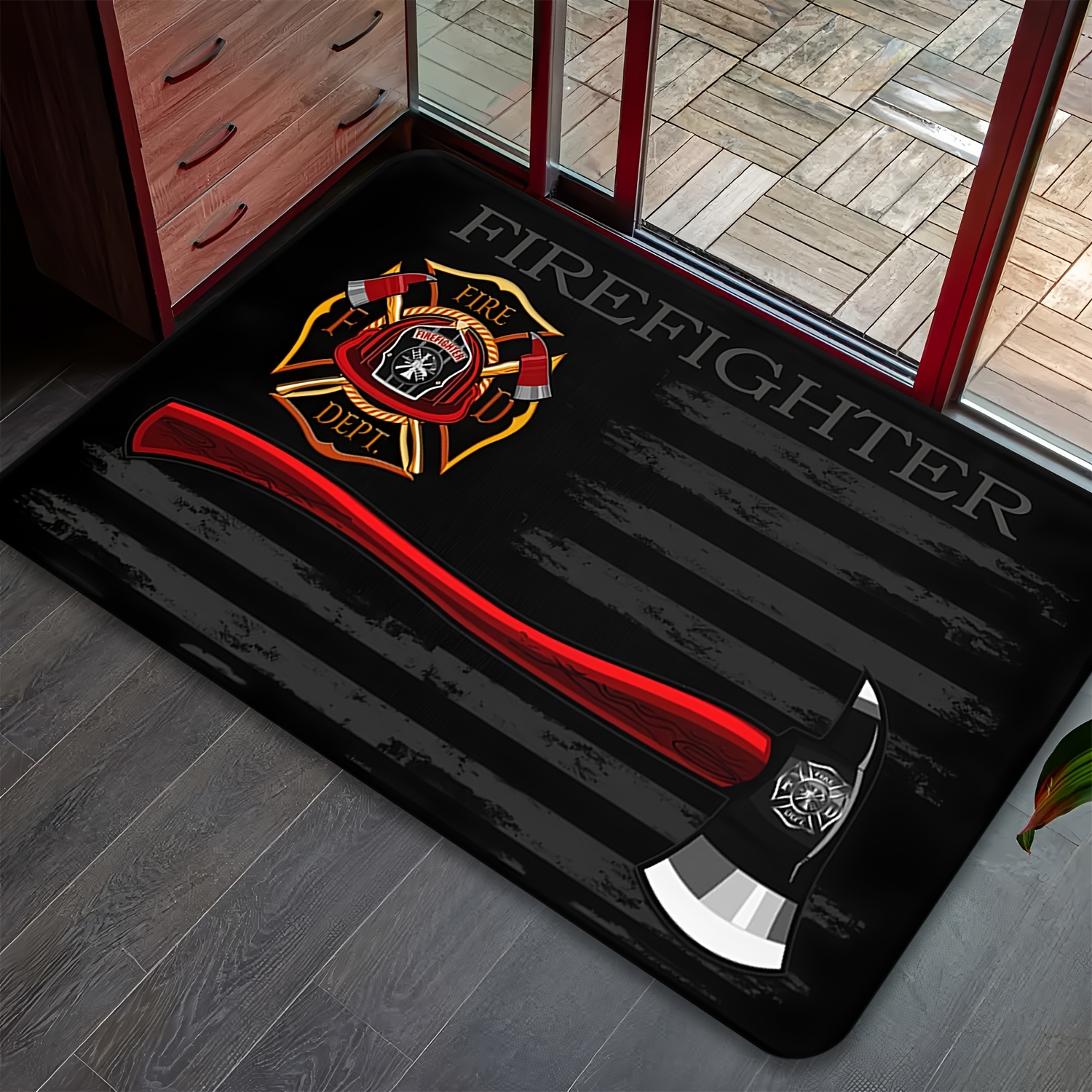 TEMU 1pc Flannel Material Non-slip Mat With A Fire Theme Featuring A Black Wood Grain Background, Fire Axe, And Fire Badge Design. Machine Washable
